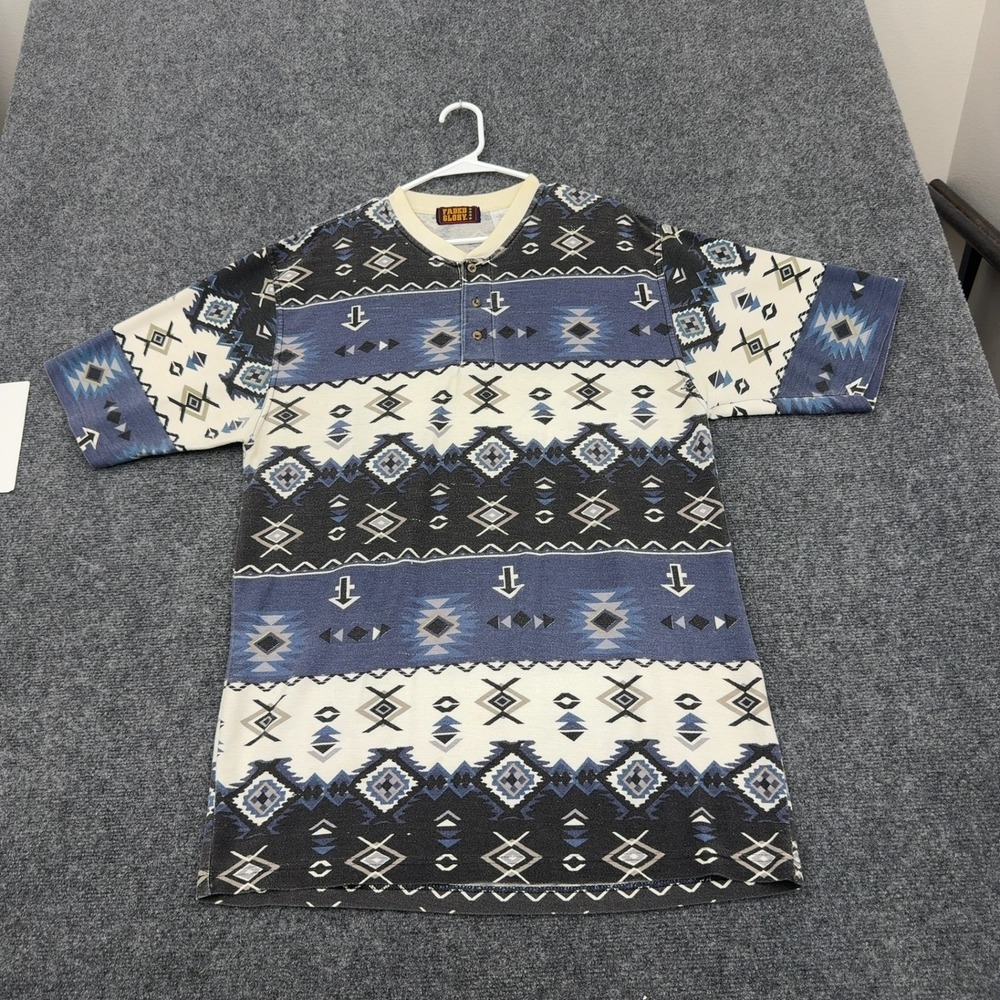 Vintage Faded Glory Henley Shirt Mens L Blue Cotton Blend Aztec Tribal Boho